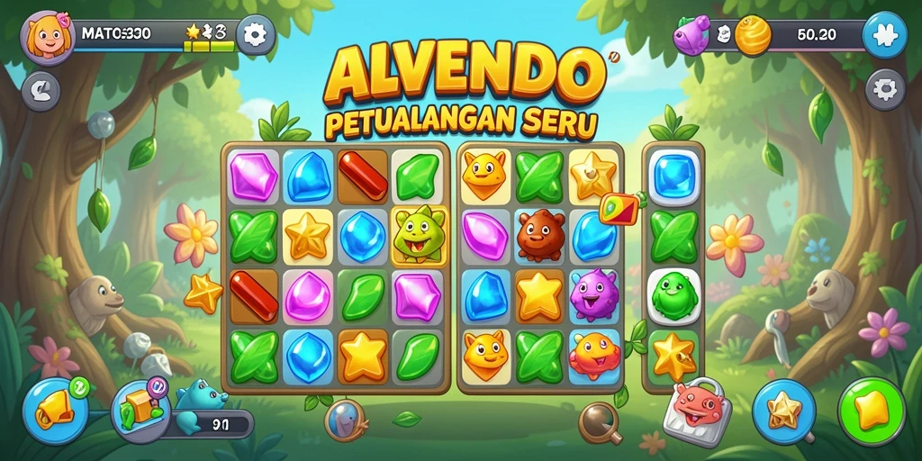 Tampilan gameplay <strong>ALVENDO</strong> yang menawan dalam petualangan Match-3.