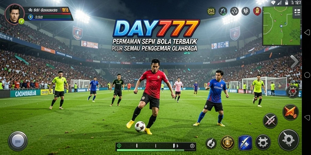 Screenshot utama DAY777 menampilkan aksi seru di lapangan sepak bola.