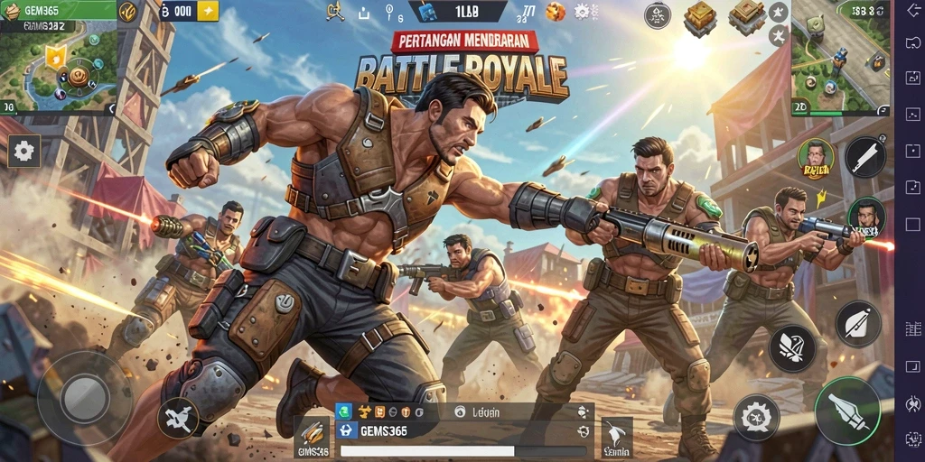 Screenshot GEMS365 menampilkan aksi intens dalam permainan Battle Royale.