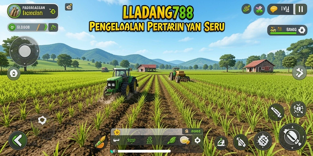Screenshot gameplay LADANG78 yang menunjukkan ladang yang subur dan aktivitas bertani.