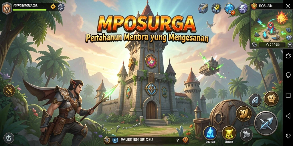 Tampilan gameplay MPOSURGA dengan menara dan musuh yang dinamis.
