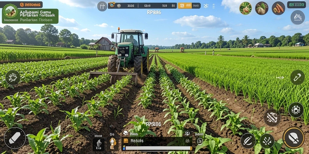 Tampilan seru gameplay RP886 yang menggambarkan pertanian aktif.