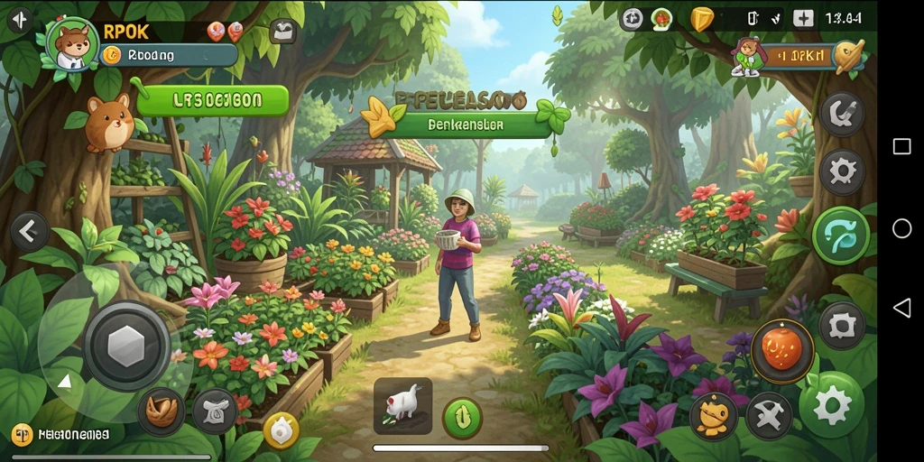 Screenshot gameplay RPOK yang menampilkan suasana berkebun yang ceria.