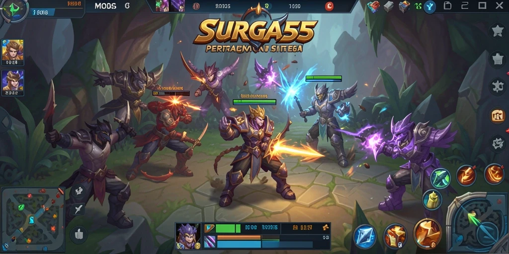Screenshot menunjukkan pertarungan epik di arena <strong>SURGA55</strong>.