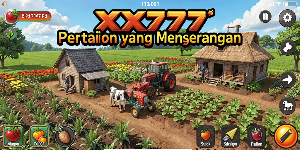 Tangkapan layar utama gameplay XXX777 menunjukkan ladang yang subur dan interaksi menarik.