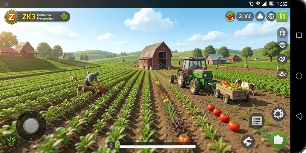 Gameplay ZK3 menampilkan pertanian yang aktif dan menyenangkan.
